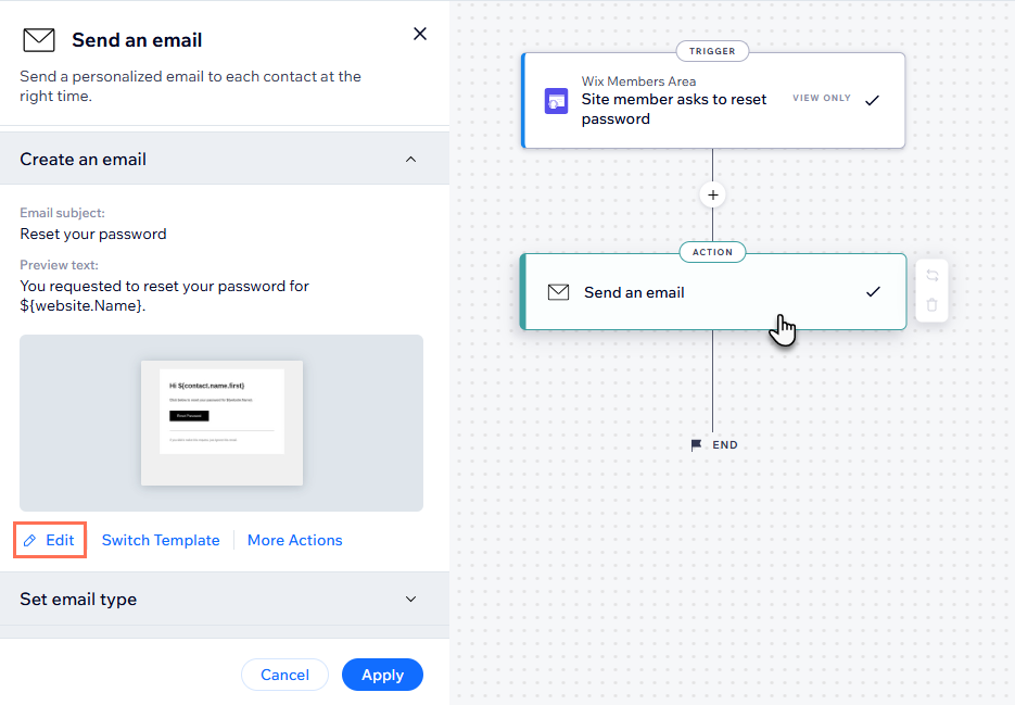 A screenshot showing the Edit button to edit an email template in an automation.