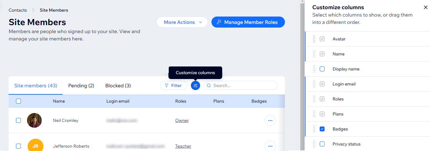 A screenshot showing the Customize columns option when viewing a Wix site's member list.