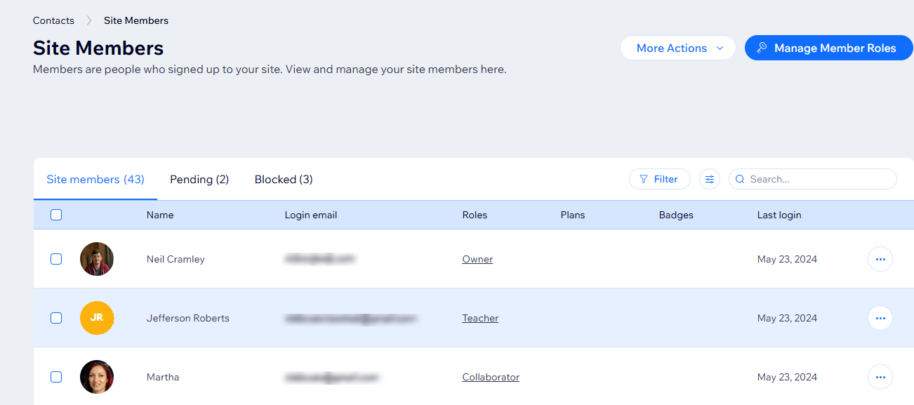 A screenshot of the Site Members list in a Wix site Dashboard.