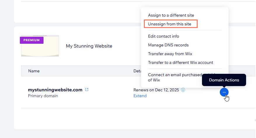 A screenshot showing the Unassign from this site option for a Wix domain.