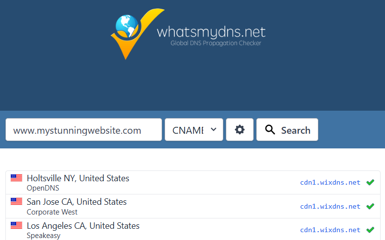 A screenshot showing CNAME search results on whatsmydns.net