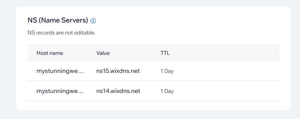 A screenshot showing NS Name Servers records for a domain in a Wix account.