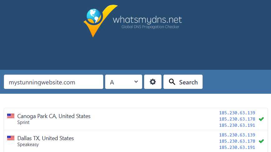 A screenshot showing A record search results on whatsmydns.net