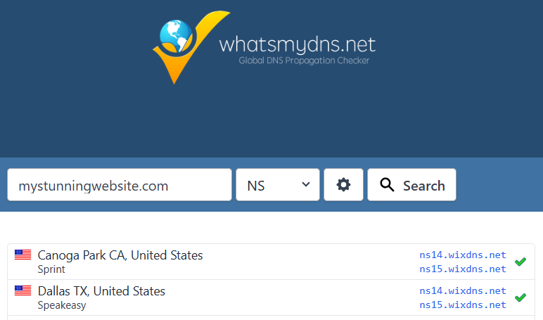 A screenshot showing name servers search results on whatsmydns.net