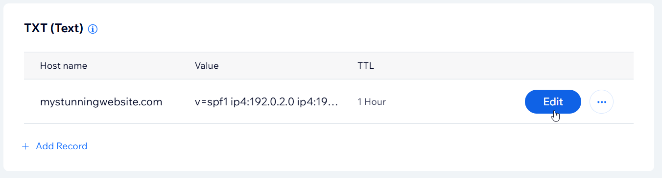 A screenshot showing the Edit button to edit a TXT record in a Wix account.
