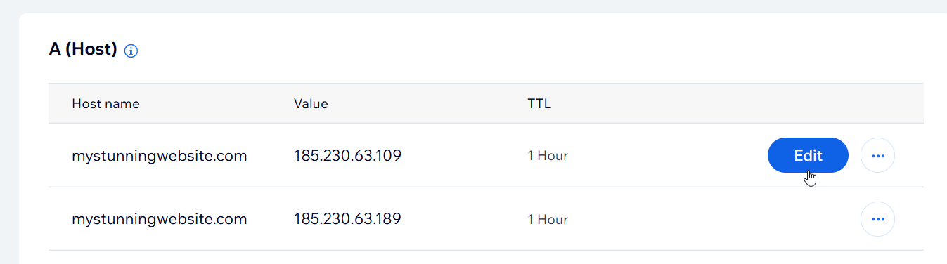 A screenshot showing the edit button for an A record in a Wix account.