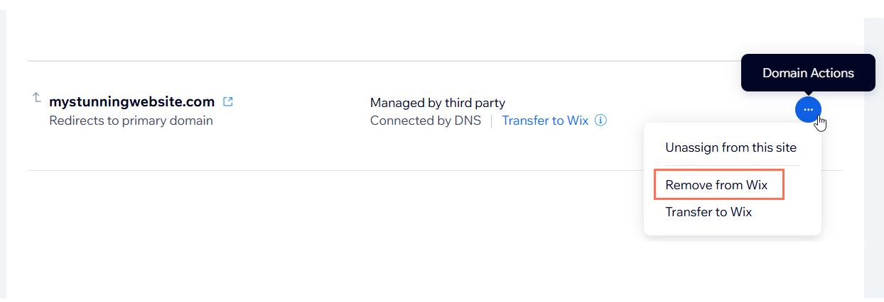 A screenshot showing the option to remove an external domain from a Wix account.