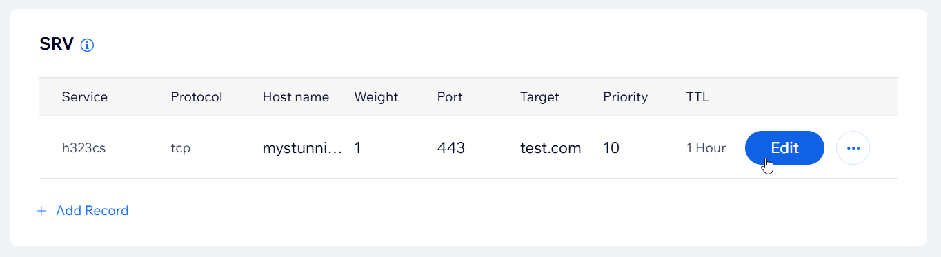 A screenshot showing the edit button for an SRV record in a Wix account.