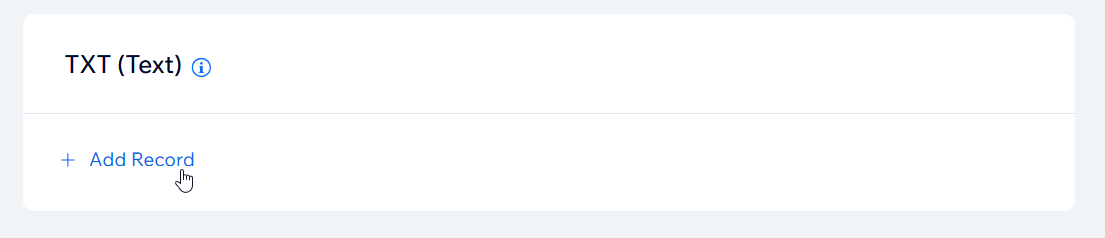 Een screenshot met de Record toevoegen-knop om een TXT-record toe te voegen aan een Wix-account.