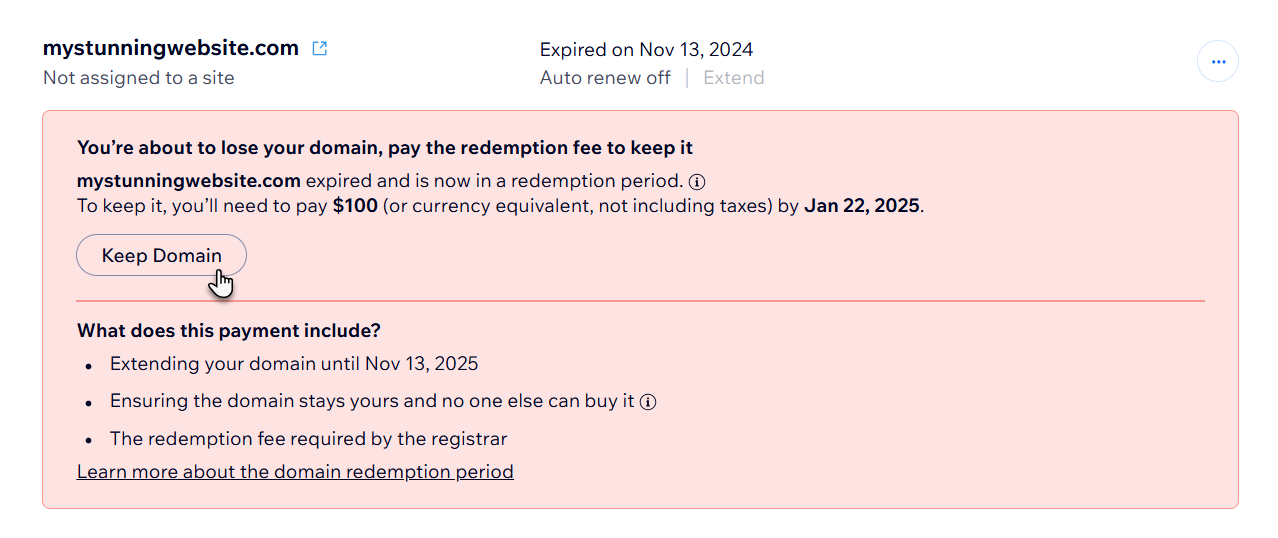 A screenshot of a redemption period banner in a Wix account. It shows the Keep Domain button for retrieving a domain.