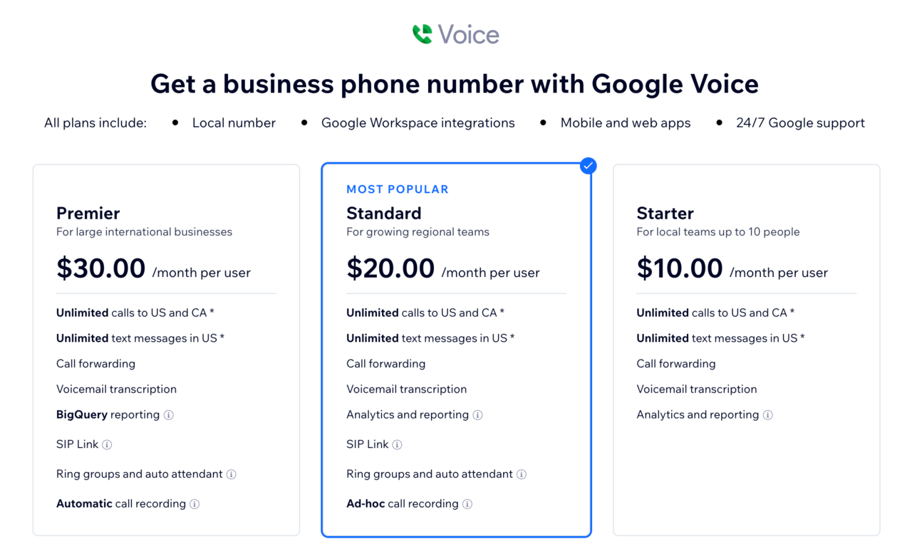 A screenshot of the three Google Voice packages available to purchase through a Wix account.