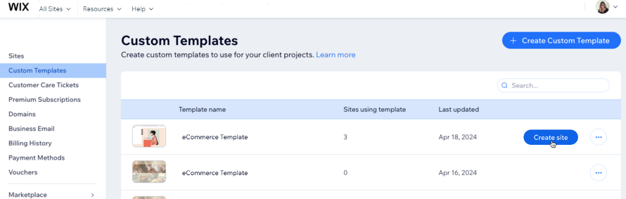 A screenshot showing the Create Site button in Custom Templates.