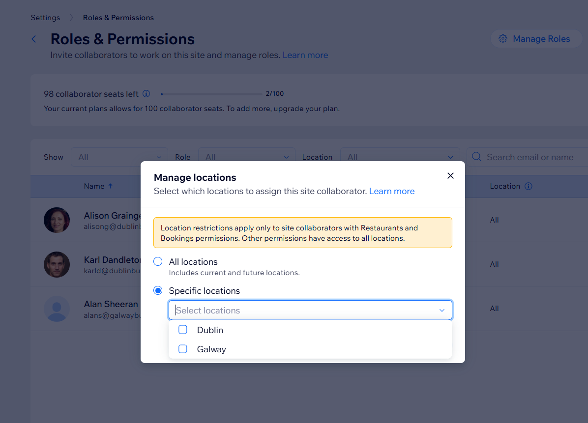 A screenshot showing how to assign location permissions for a Wix multi location site.