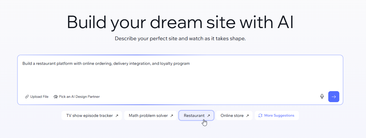 A screenshot showing the Wix Vibe prompt field with suggested prompts below it.