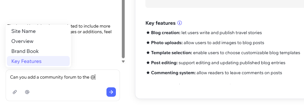 A screenshot showing a key feature being added to the site brief in the chat section.