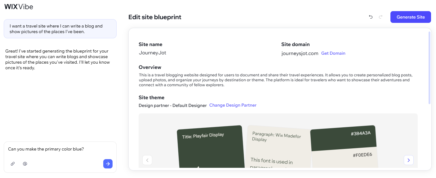 A screenshot of a Wix Vibe site blueprint with a prompt entered into the AI chat field to the left of the screen.