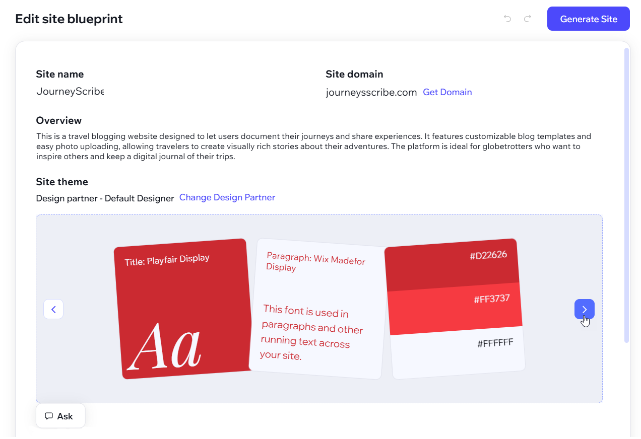 A screenshot of a Wix Vibe site brief with the site theme being changed.