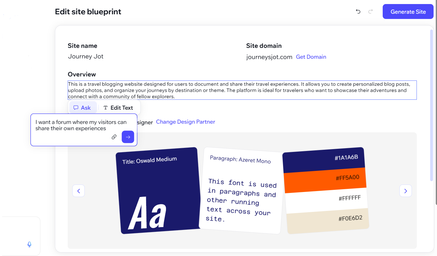 A screenshot of a Wix Vibe site blueprint with a prompt entered into the Ask field to edit the site overview.