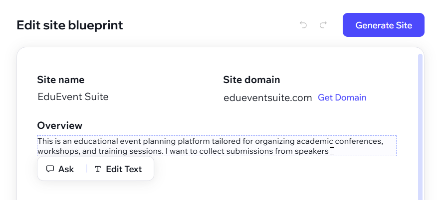 A screenshot of a Wix Vibe site brief with the text of the overview being manually edited.