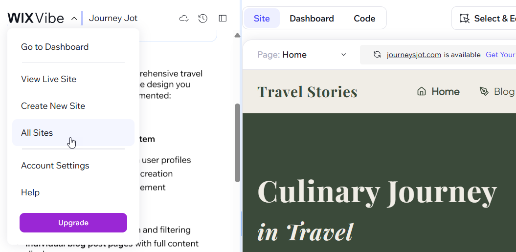A screenshot showing the All Sites option from the dropdown menu in the Wix Vibe editor.