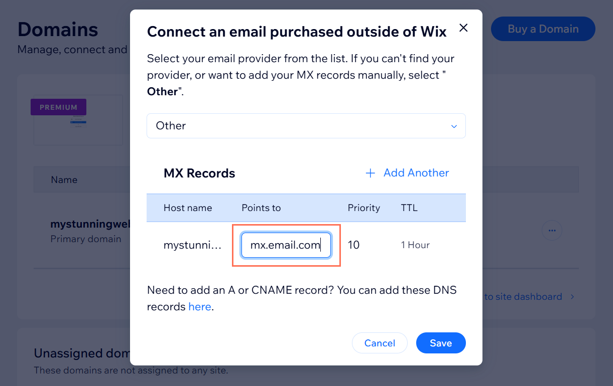 A screenshot showing where to enter the mail server address of your MX record.