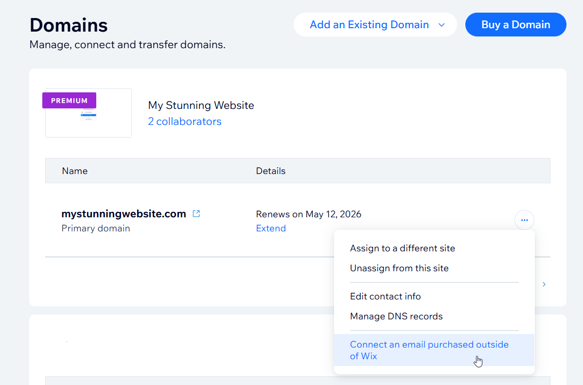 A screenshot showing the Connect an email purchased outside of Wix option on the Domains page.