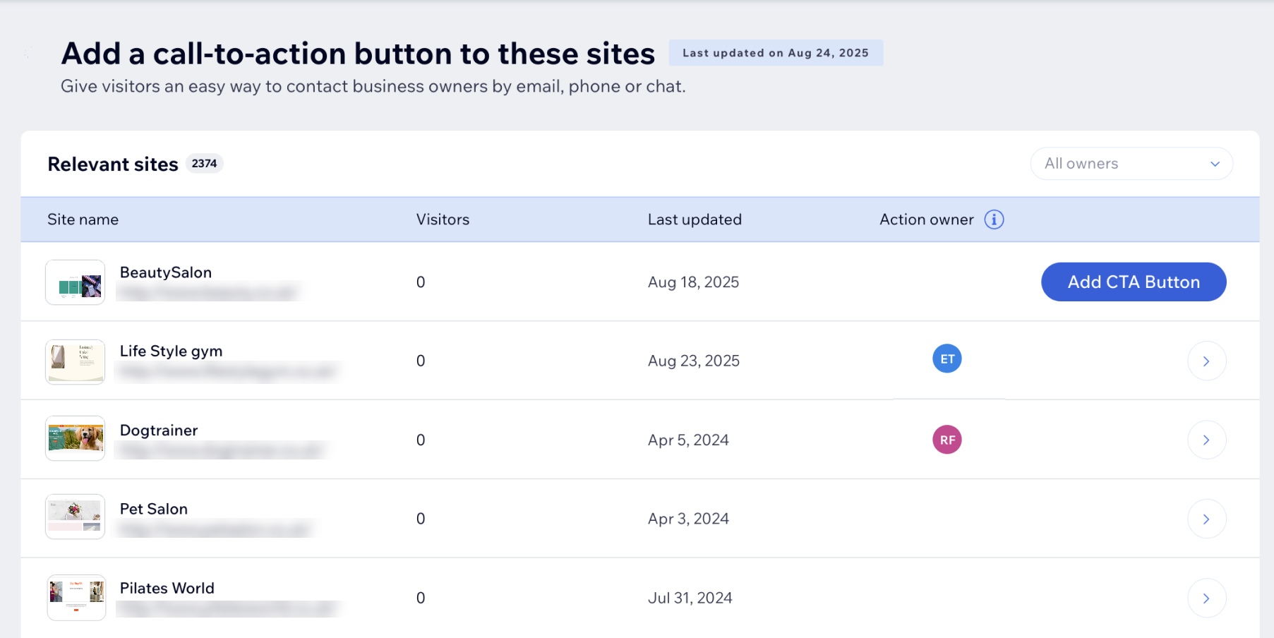 Een screenshot van een voorgestelde actie van de CTA-knop toevoegen voor een website op de Wix Channels-websitesucces-pagina.