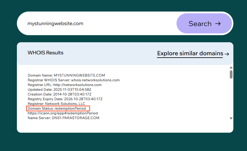 A screenshot of the Wix WHOIS lookup tool. The search result shows an example of a domain in the redemption period.