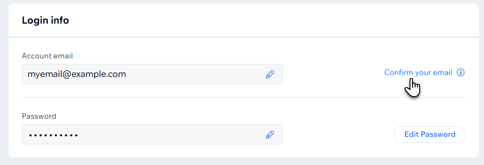 A screenshot of the Confirm your email button in the Login info section of a Wix Account Settings page.