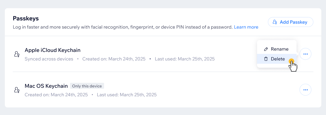 A screenshot showing the option to delete a passkey from a Wix account.