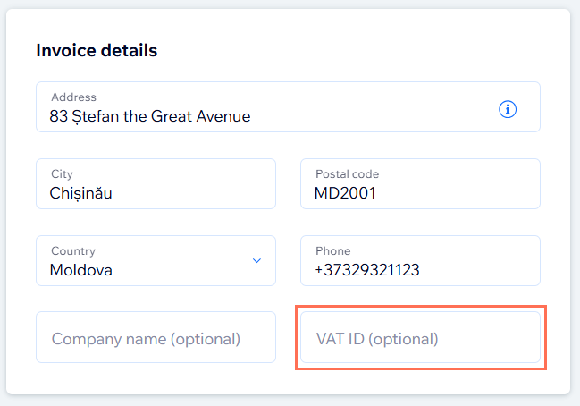 Wix 계정에 구독에 대한 VAT ID를 추가하는 방법을 보여주는 스크린샷
