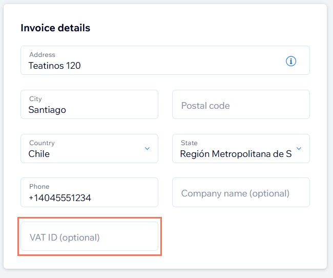 Wix 구독에 대한 VAT ID를 추가하는 방법을 보여주는 스크린샷