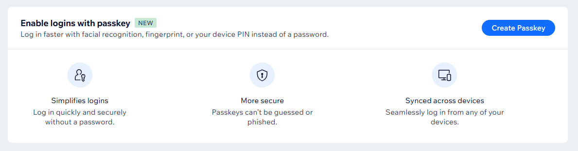 A screenshot showing the Passkeys section of a Wix account with an Apple iCloud passkey saved.