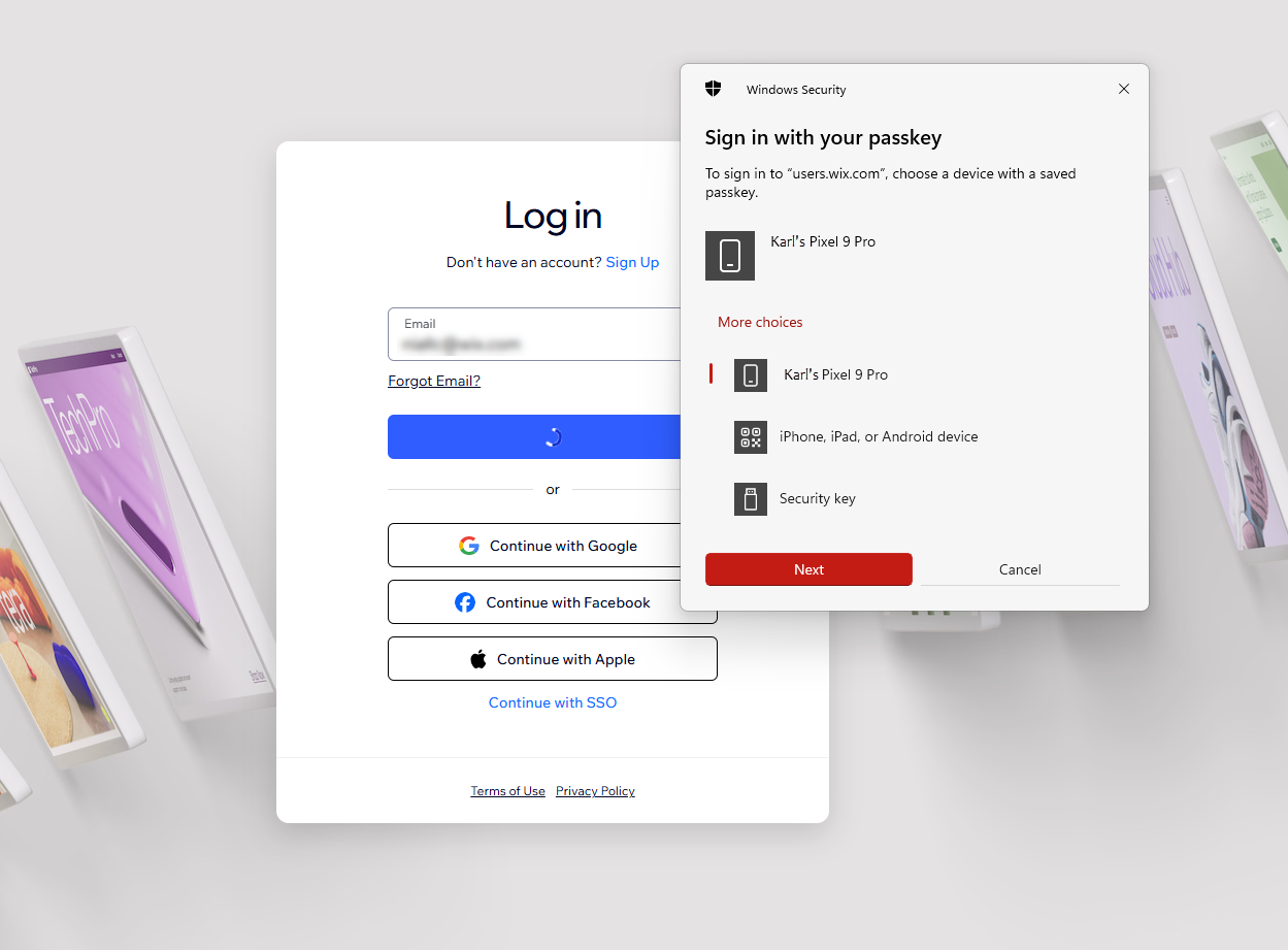 A screenshot showing the Use a passkey dialog box in the email field of the Wix login screen.