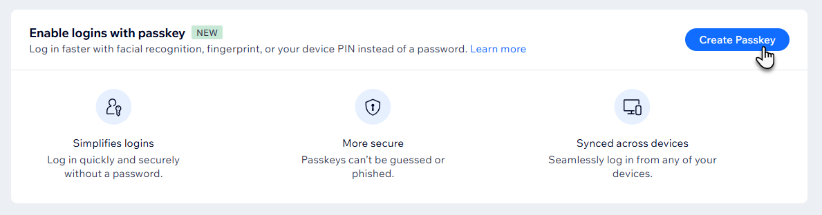 A screenshot showing the Create Passkey button on the Account Settings page of a Wix account.