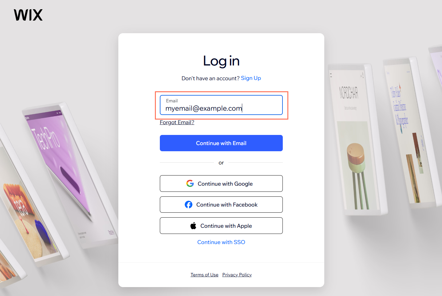 A screenshot showing the Wix login screen. The Email field is highlighted.