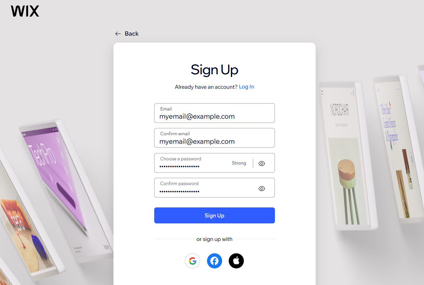 A screenshot of the Wix sign up page. The email address and password fields are completed. There are social login options too
