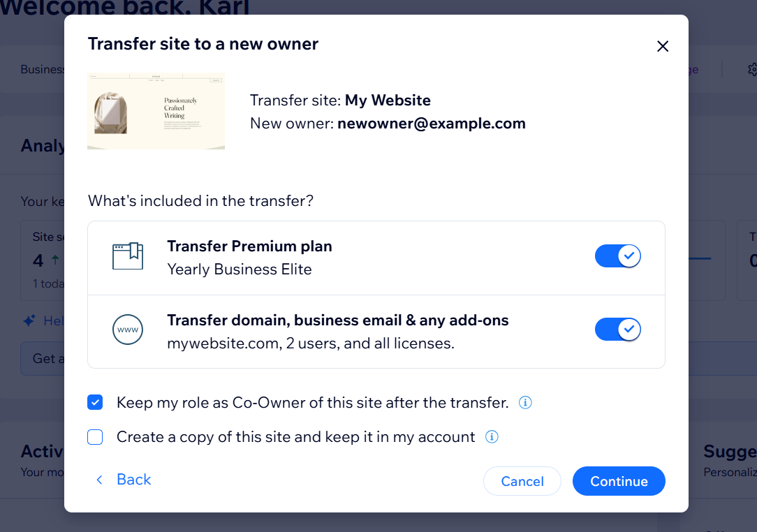A screenshot of the site transfer process in a Wix account.