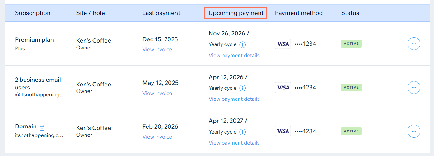 Screenshot della pagina Abbonamenti Premium di un account Wix. La colonna Pagamento in programma è evidenziata