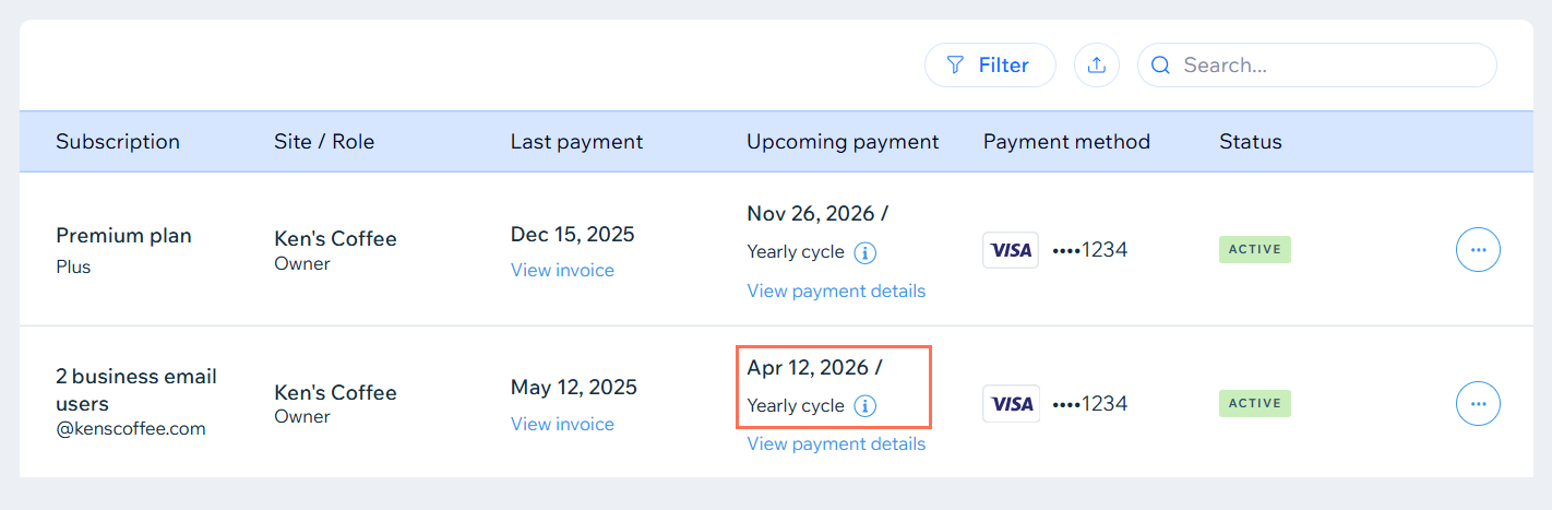 Uma captura de tela mostrando a coluna Pagamento futuro para uma assinatura do Google Workspace em uma conta Wix.