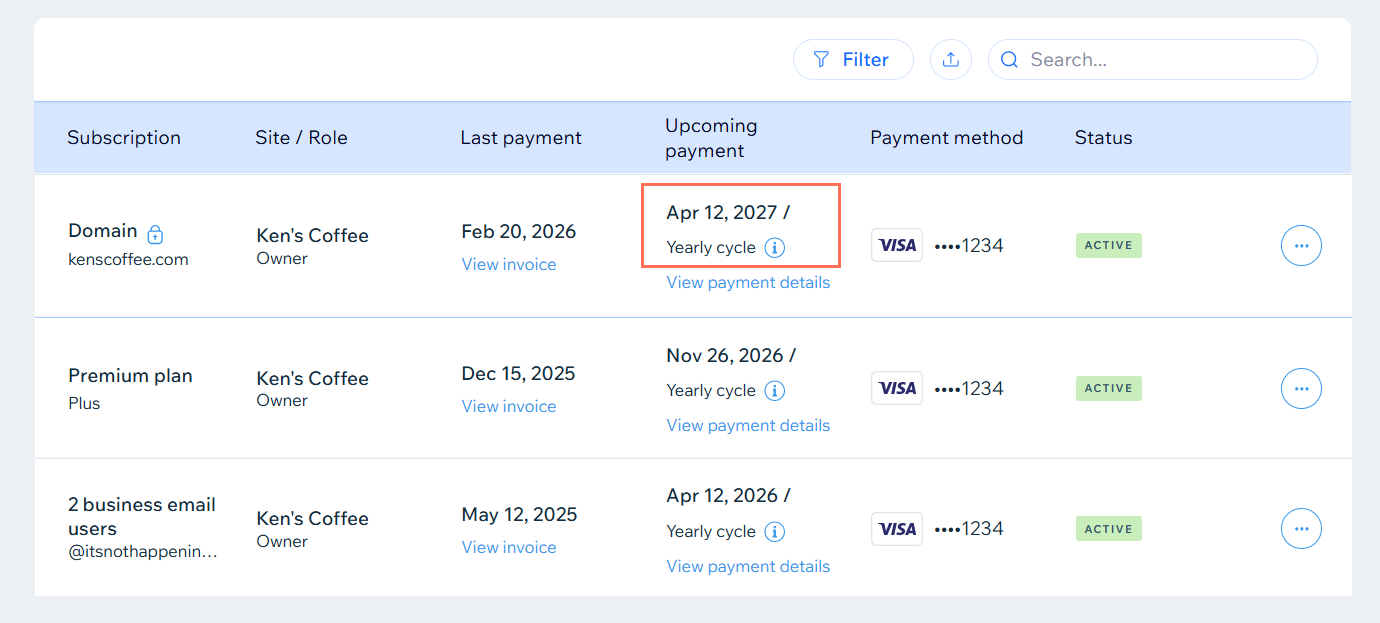 A screenshot showing the Upcoming payment column for a Wix domain subscription.