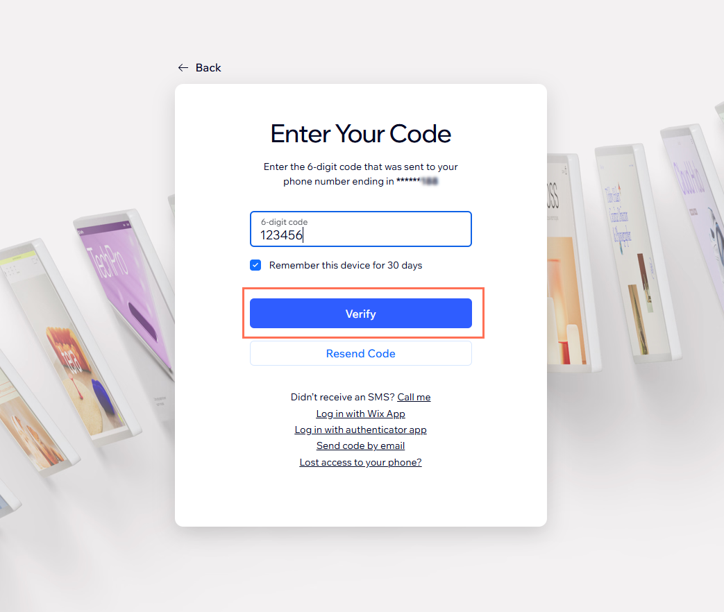 Wix アカウントの SMS 認証画面のスクリーンショット。コードが入力され、「承認」ボタンがハイライトされています。
