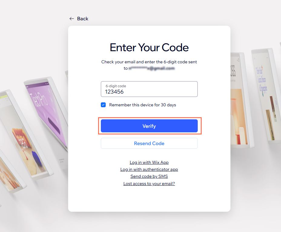 Wix アカウントにログインする際に表示されるメールコード認証画面のスクリーンショット。
