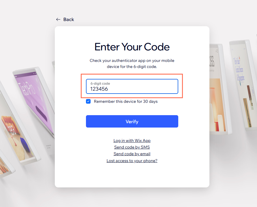 Wix アカウントにログインする際に表示される認証アプリの 2段階認証画面のスクリーンショット。