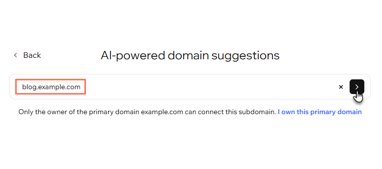 A screenshot of the the connect domain screen. A subdomain is entered in the search.