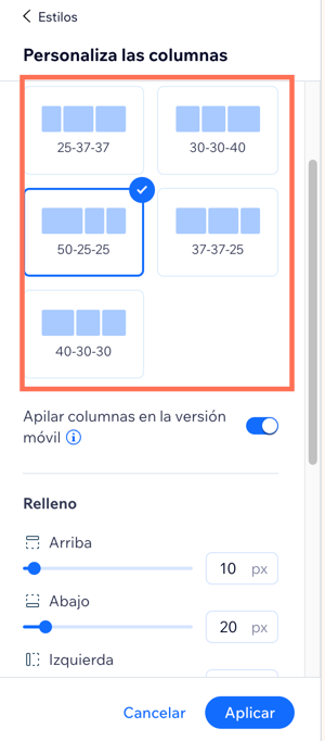 A screenshot of choosing the columns ratio.