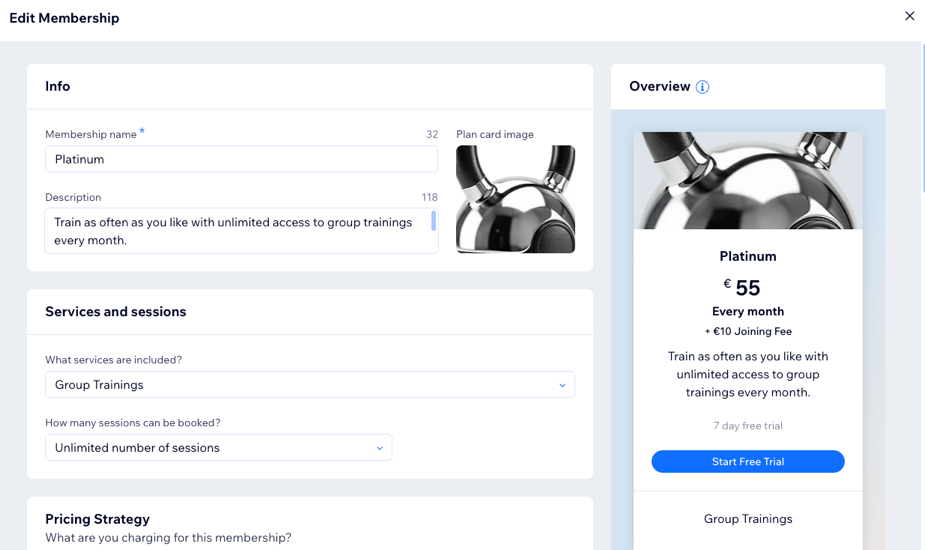 플래티넘 멤버십과 오른쪽의 개요 미리보기 카드를 보여주는 멤버십 추가 패널의 스크린샷