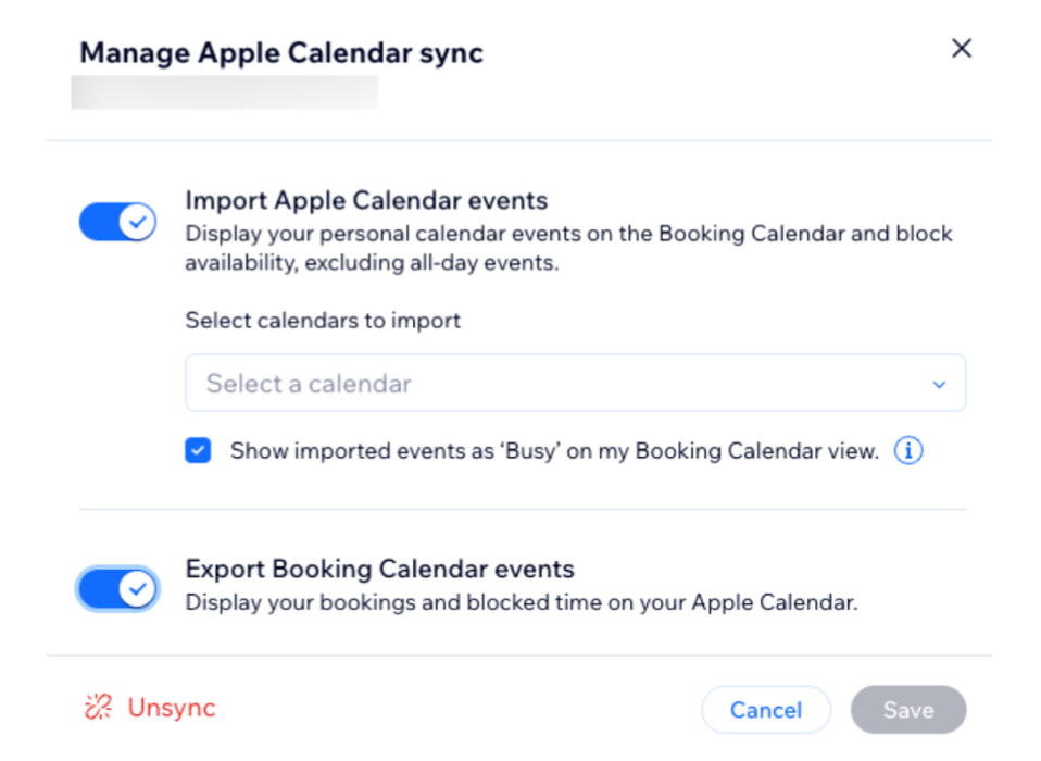 Pop-up om te selecteren welke Apple Agenda's moeten worden geïmporteerd naar de boekingsagenda