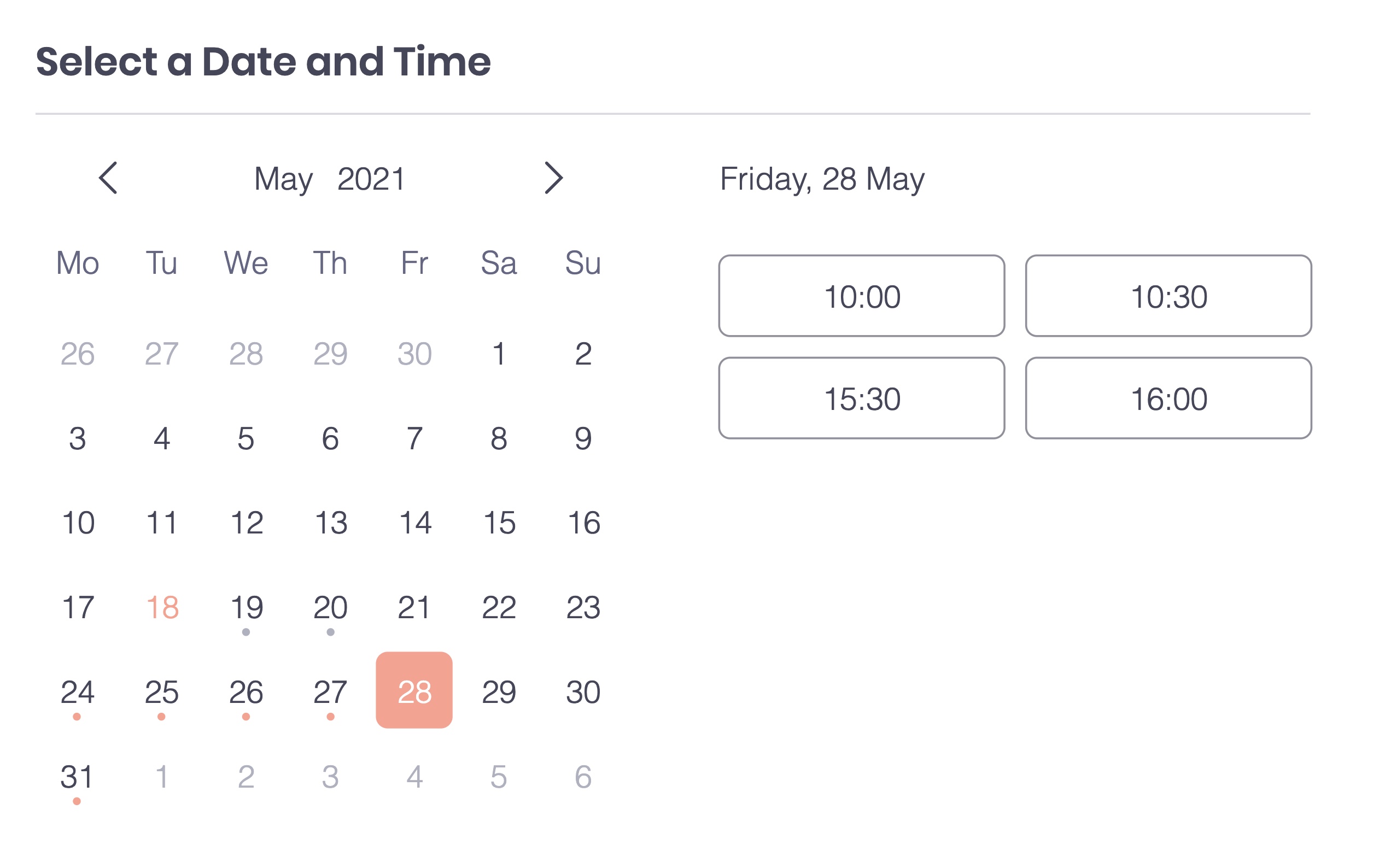 A screenshot showing the available time slots on a booking calendar after a 2-hour booking is made.