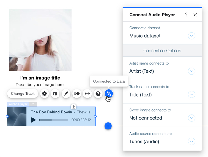 Une capture d'écran d'un lecteur audio sur une page, avec le panneau Connecter aux données ouvert et les options de connexion configurées.